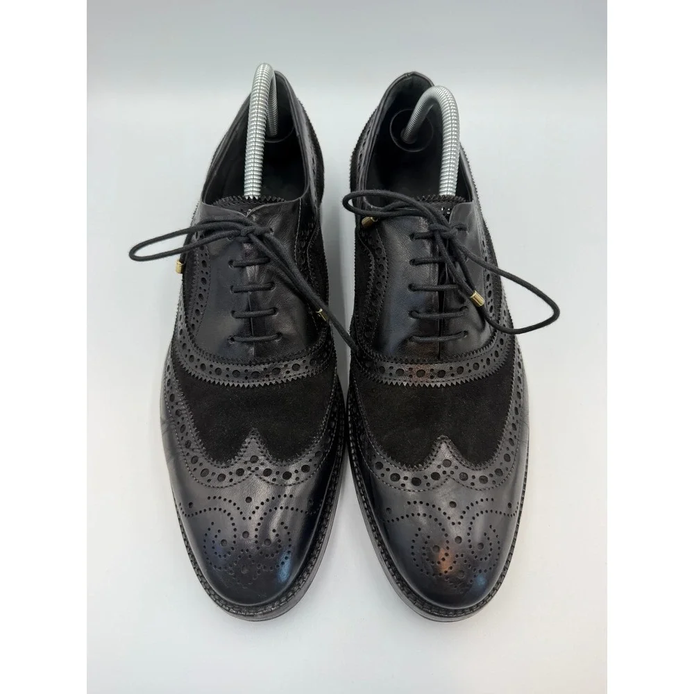 Lethato Men's Black Leather Suede Wingtip Brogue Oxford Dress Shoes Sz 9.5/10